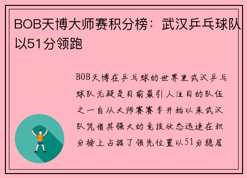 BOB天博大师赛积分榜：武汉乒乓球队以51分领跑